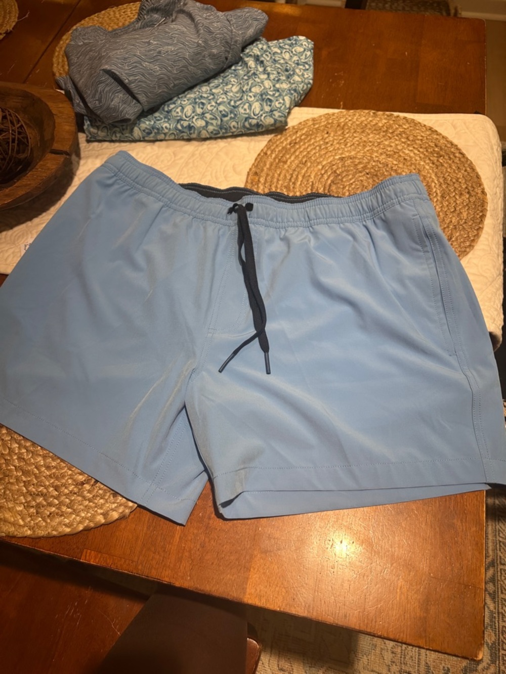 Southern Tide Light Blue Swim Shorts with Navy Waistband